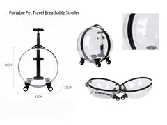 "Rolling pet travel trolley with wheels and transparent capsule carrier in pink and green"