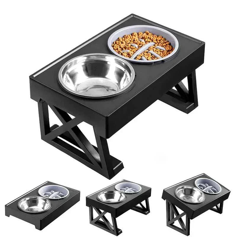 "Adjustable height dog elevated bowl stand with slow feeding dish"raised dog food bowl