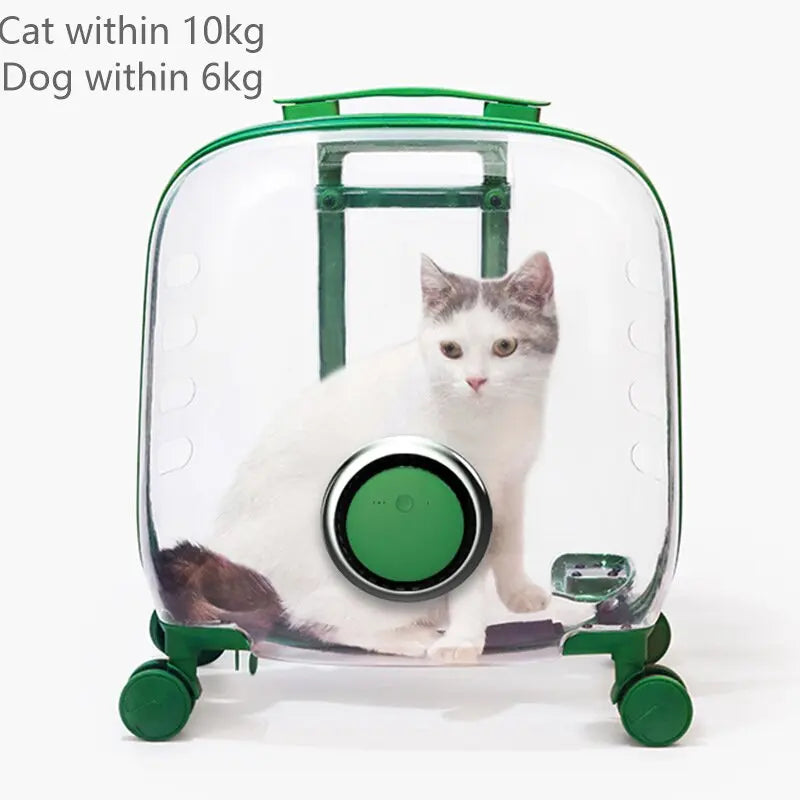 "Rolling pet travel trolley with wheels and transparent capsule carrier in pink and green"