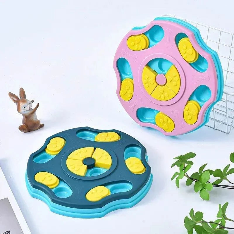 Puppy puzzle toy slow feeder in blue and pink, interactive food dispenser bowls for dogs and cats.