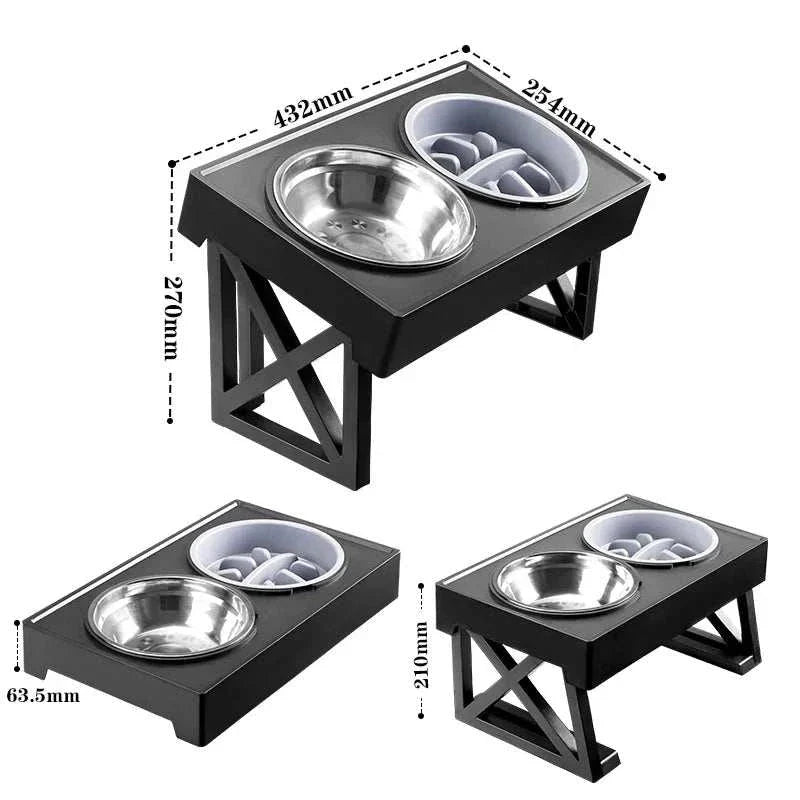 "Adjustable height dog elevated bowl stand with slow feeding dish"raised dog food bowl