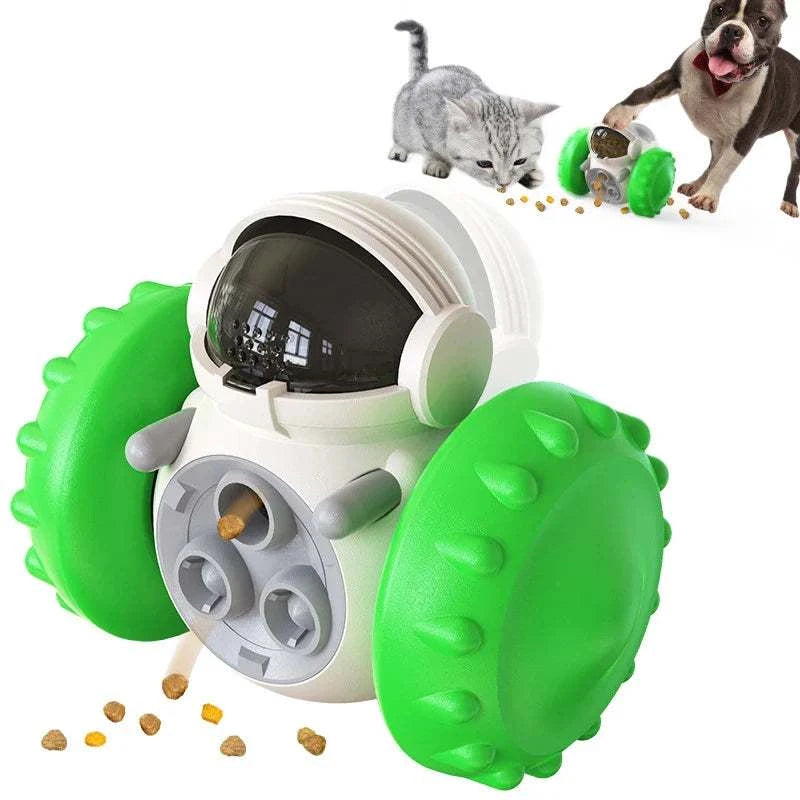 Interactive dog treat leaking puzzle toy with green wheels, promoting slow feeding and engagement for pets.