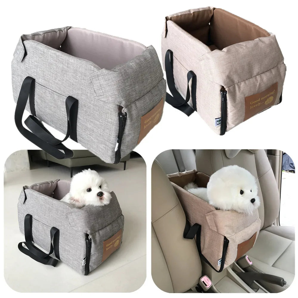 "Portable dog car seat bed with safety harness, designed for small dogs and cats"