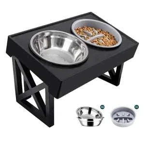 "Adjustable height dog elevated bowl stand with slow feeding dish"raised dog food bowl