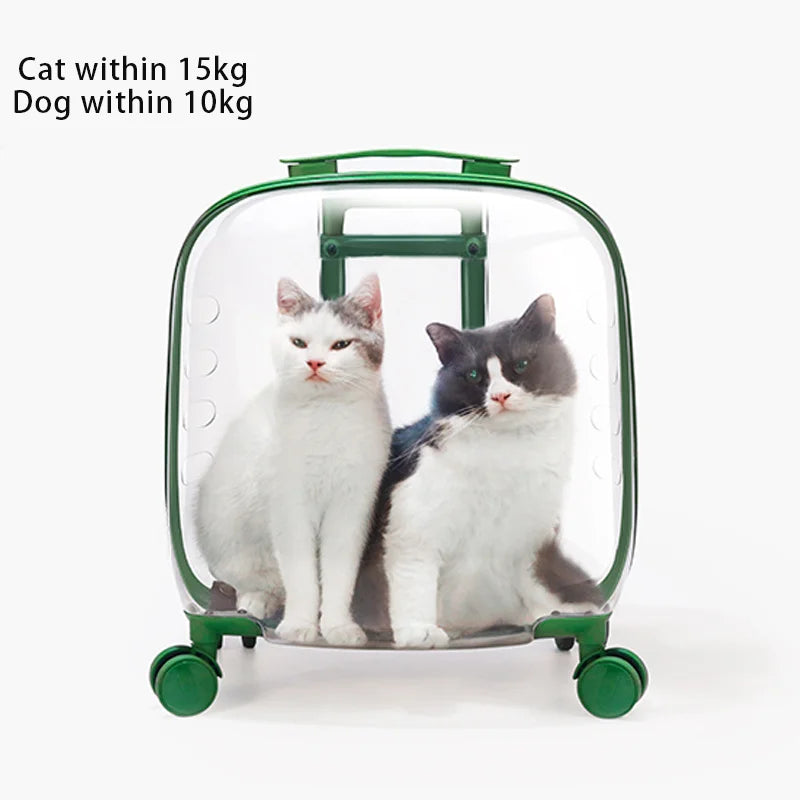 "Rolling pet travel trolley with wheels and transparent capsule carrier in pink and green"