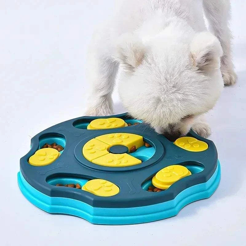 Puppy engaging with an interactive puzzle toy slow feeder, designed for IQ enhancement and healthy eating.