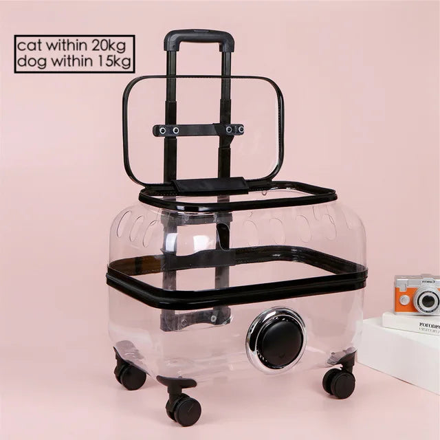 "Rolling pet travel trolley with wheels and transparent capsule carrier in pink and green"