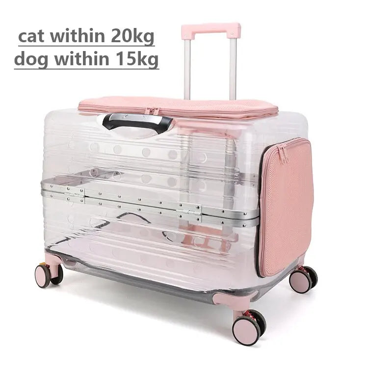 "Rolling pet travel trolley with wheels and transparent capsule carrier in pink and green"