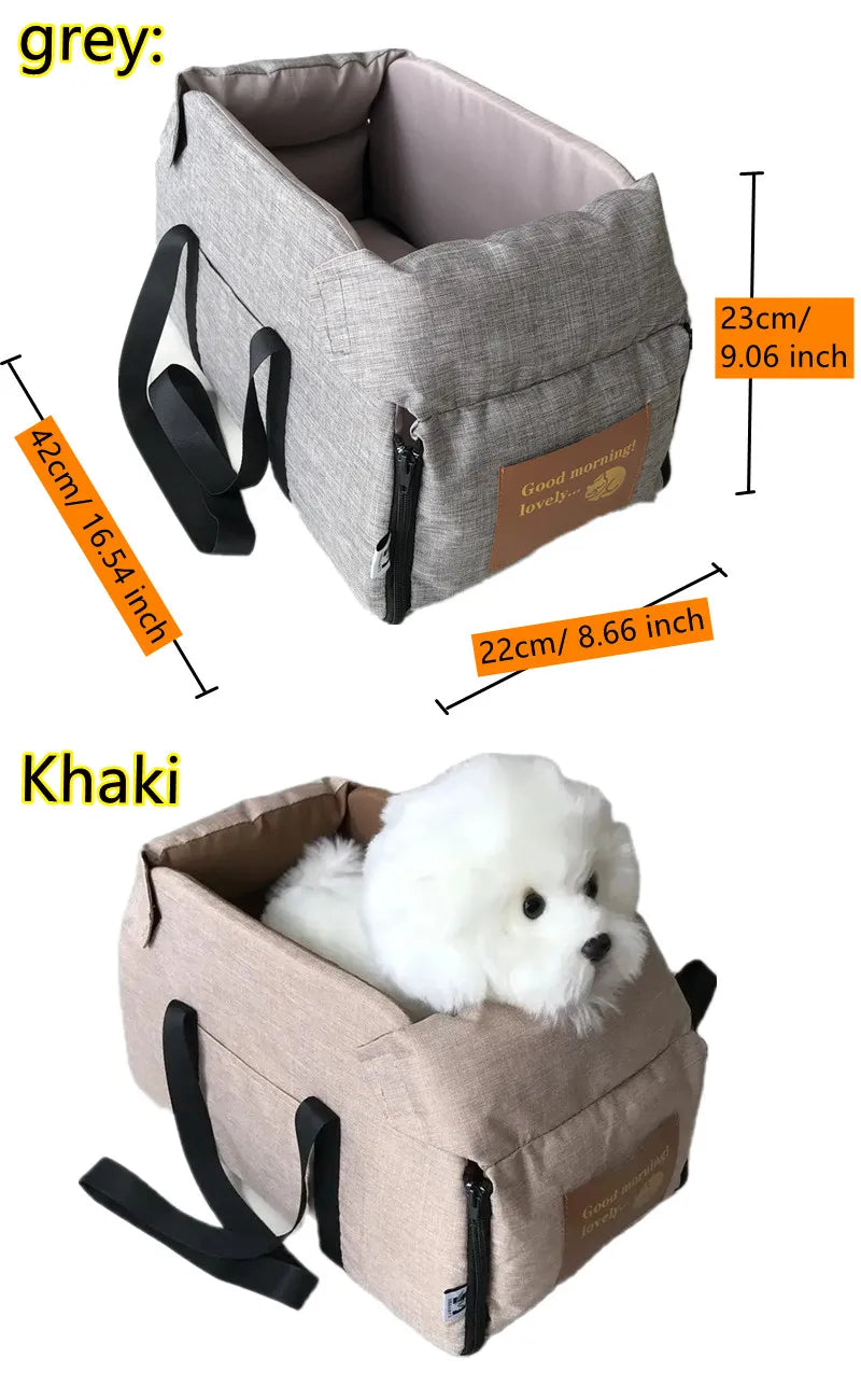 "Portable dog car seat bed with safety harness, designed for small dogs and cats"