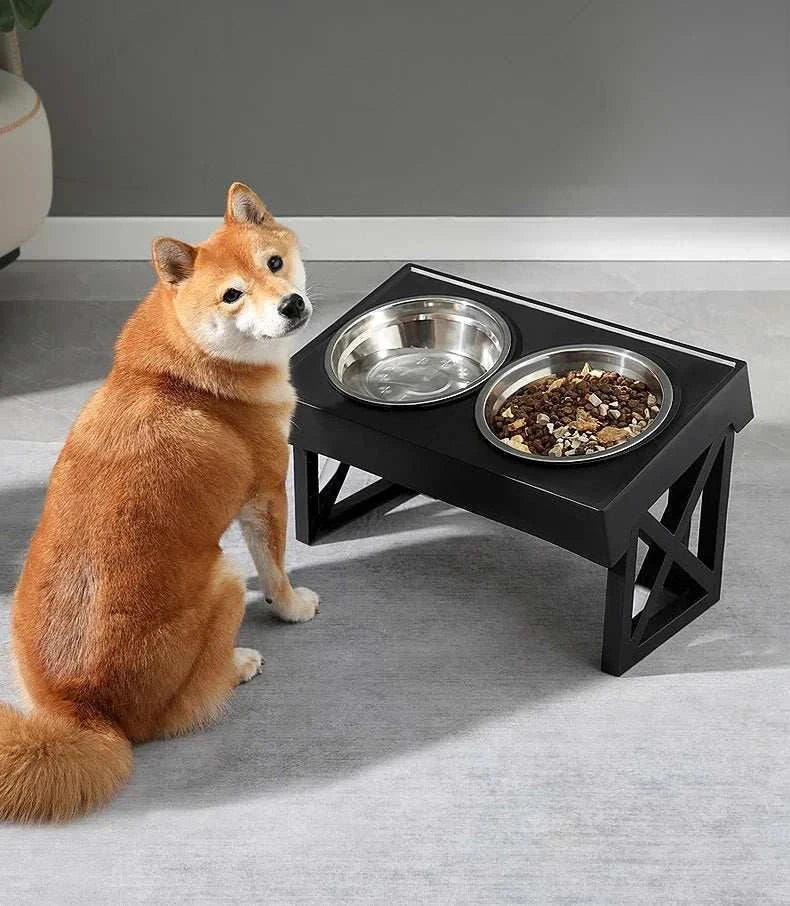 "Adjustable height dog elevated bowl stand with slow feeding dish"raised dog food bowl