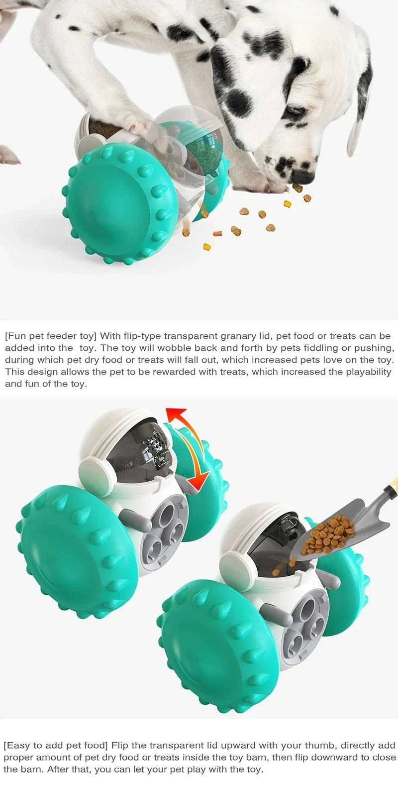 Interactive dog treat leaking puzzle toy slow feeder dispenser with green wheels, promoting slow eating and mental stimulation.