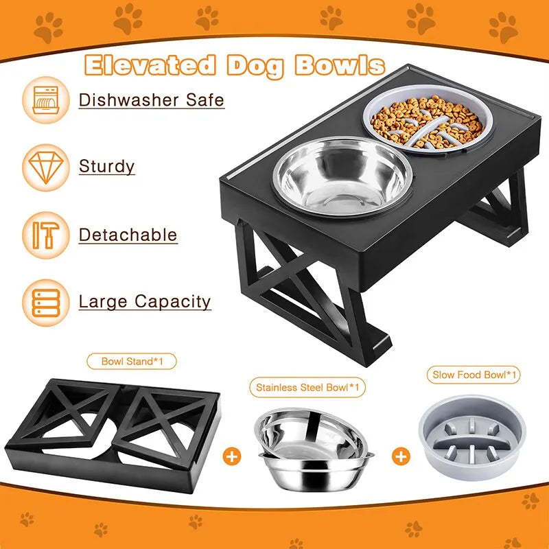 "Adjustable height dog elevated bowl stand with slow feeding dish"raised dog food bowl