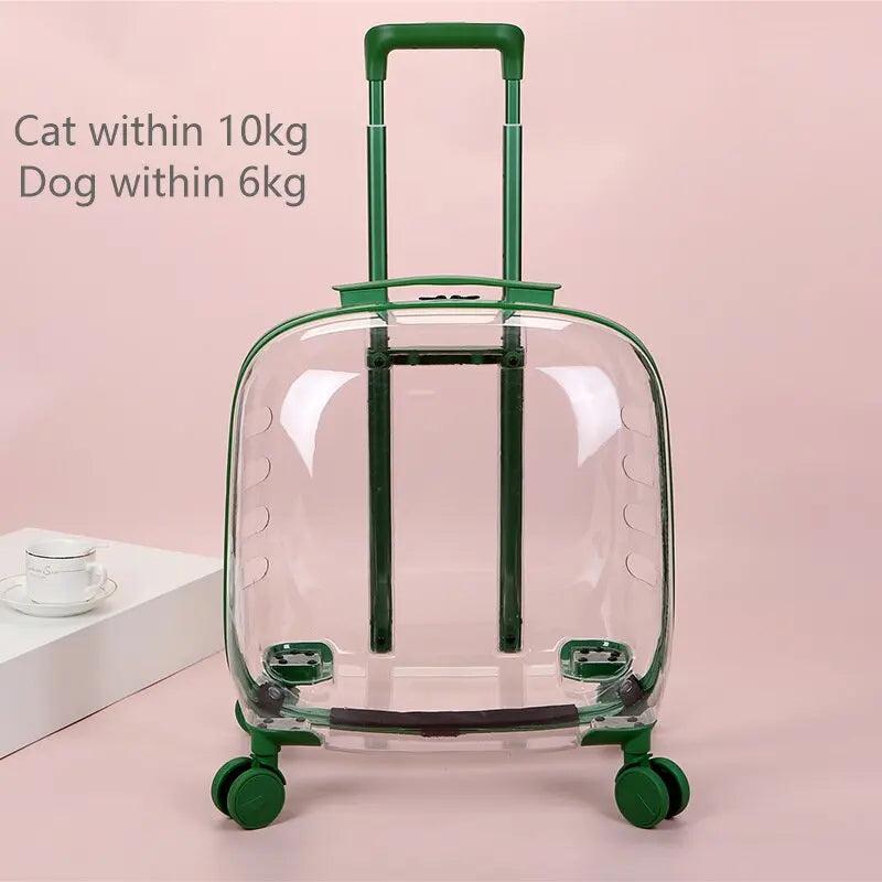 "Rolling pet travel trolley with wheels and transparent capsule carrier in pink and green"