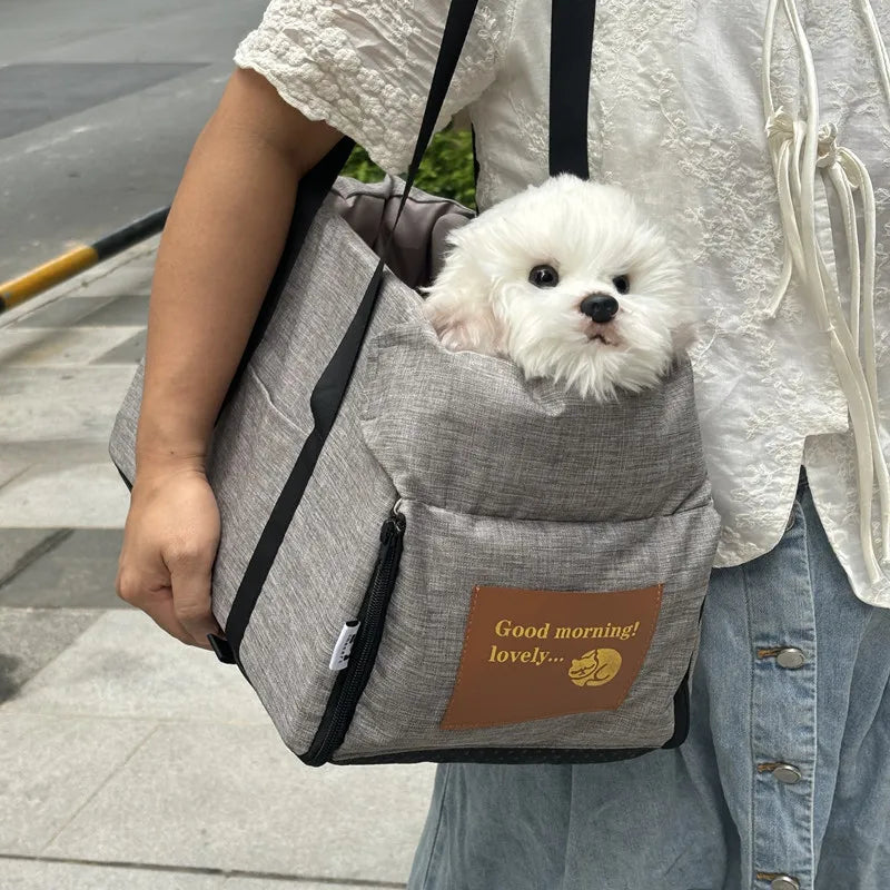 "Portable dog car seat bed with safety harness, designed for small dogs and cats"