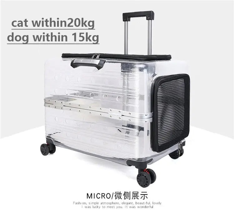 "Rolling pet travel trolley with wheels and transparent capsule carrier in pink and green"