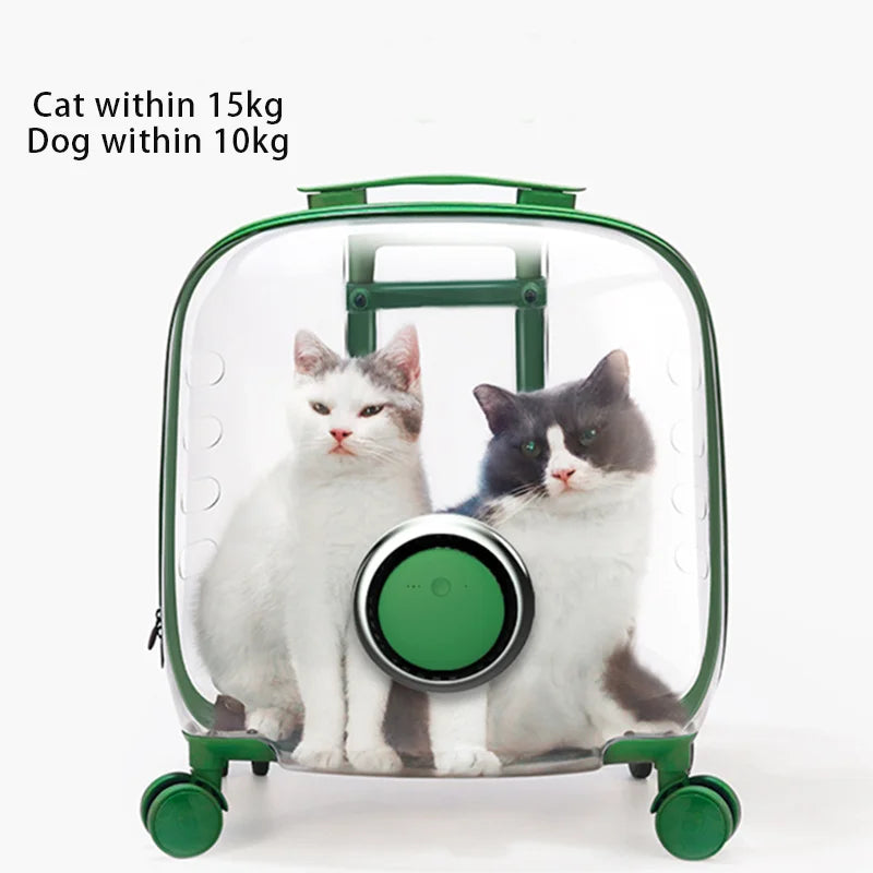 "Rolling pet travel trolley with wheels and transparent capsule carrier in pink and green"