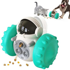 Interactive dog treat leaking puzzle toy with green wheels, slow feeder dispenser for pets.