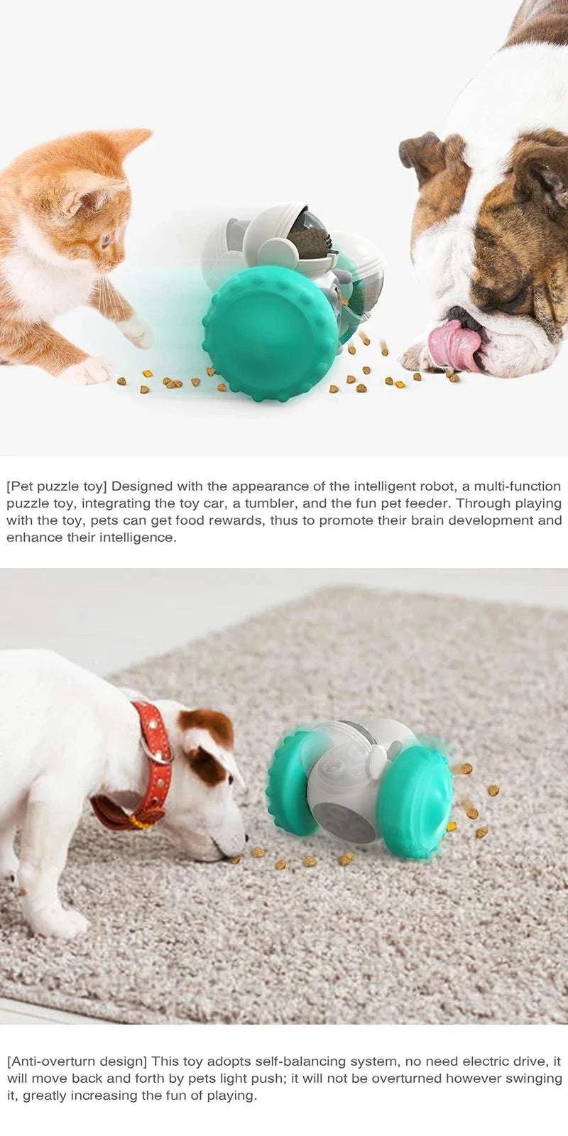 Interactive dog treat leaking puzzle toy with two dogs playing, promoting slower eating and mental stimulation.