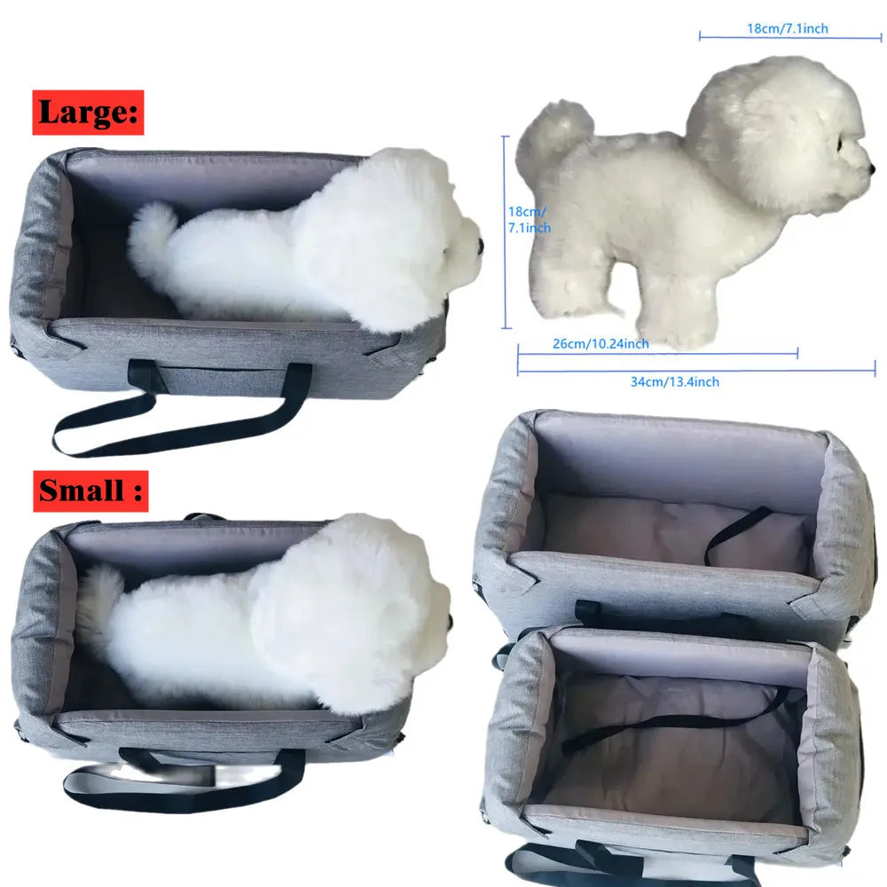 "Portable dog car seat bed with safety harness, designed for small dogs and cats"