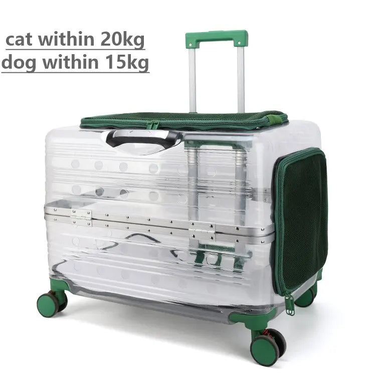 "Rolling pet travel trolley with wheels and transparent capsule carrier in pink and green"