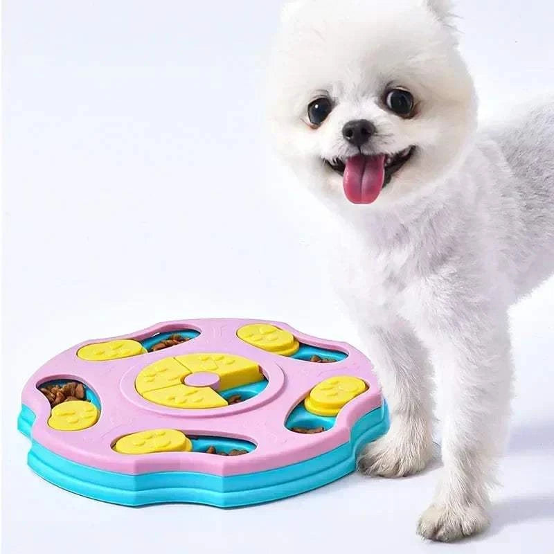 Puppy with Puppy Puzzle Toy Slow Feeder, interactive food dispenser bowl.