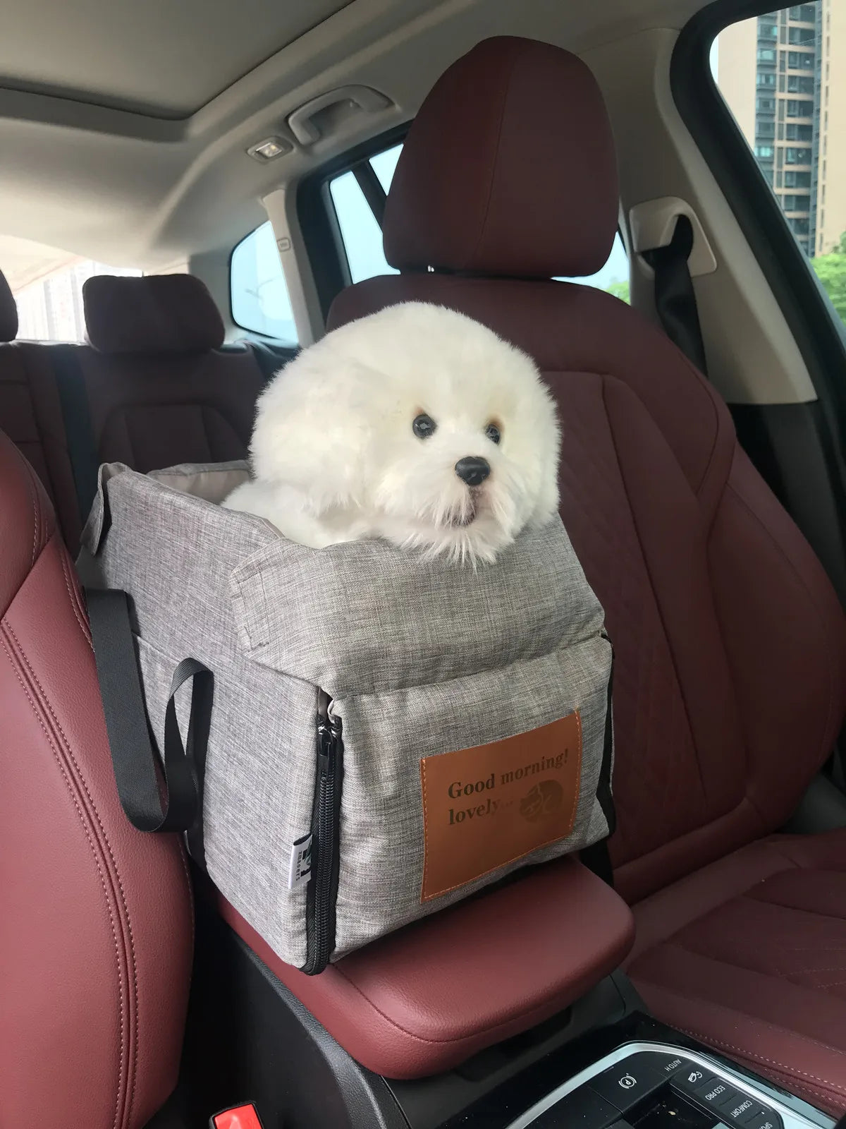 "Portable dog car seat bed with safety harness, designed for small dogs and cats"