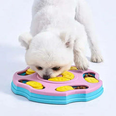 Puppy using interactive puzzle toy slow feeder bowl for IQ enhancement.