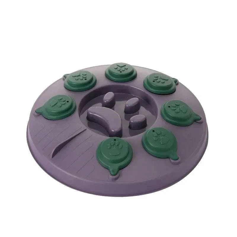 Interactive puppy puzzle toy slow feeder bowl with green paw-shaped lids, designed to boost pet IQ and promote healthy eating.