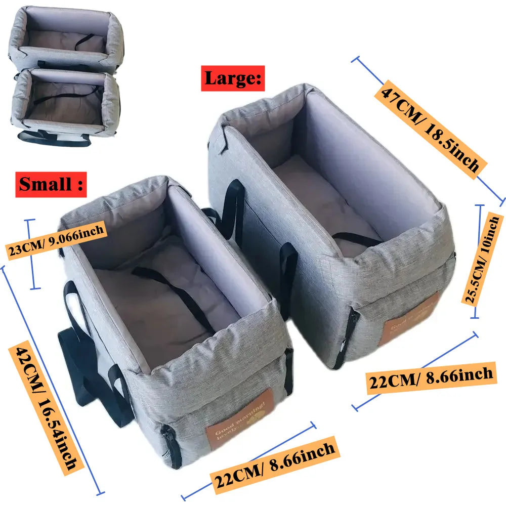 "Portable dog car seat bed with safety harness, designed for small dogs and cats"