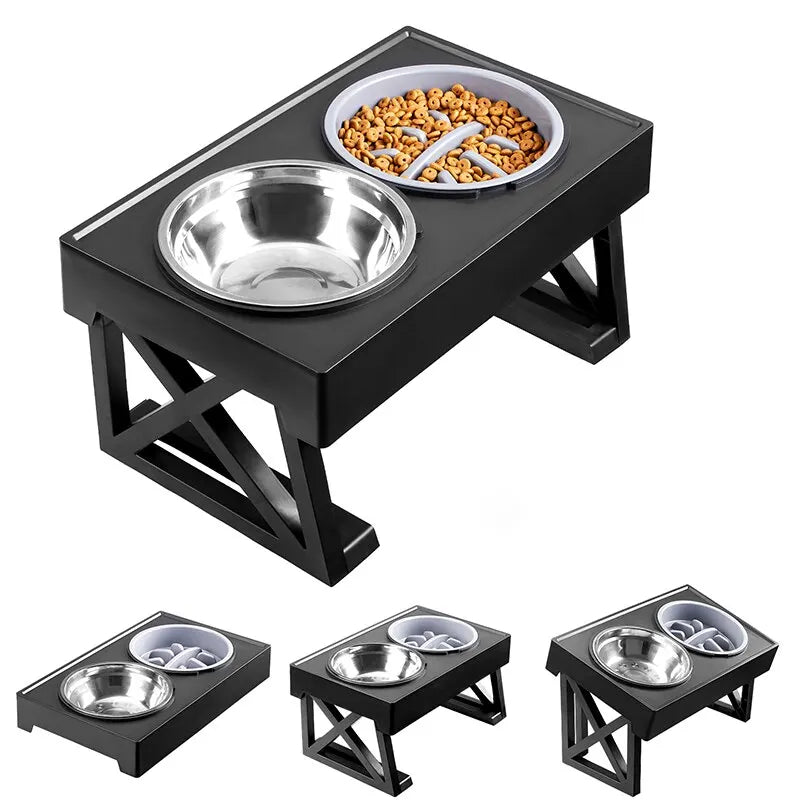 "Adjustable height dog elevated bowl stand with slow feeding dish"raised dog food bowl