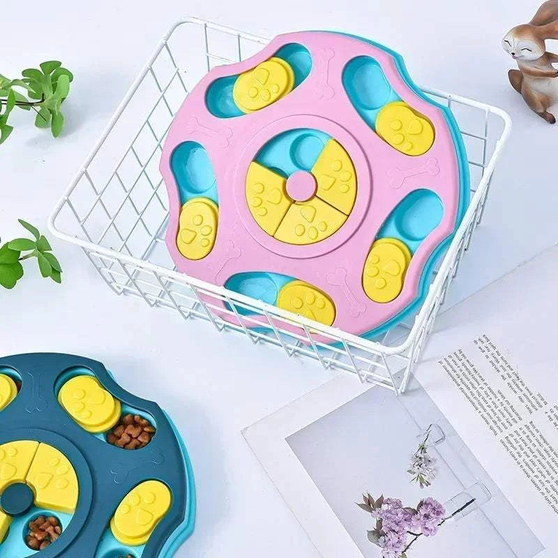 Puppy puzzle toy slow feeder in pink and blue, interactive food dispenser bowl for dogs and cats.