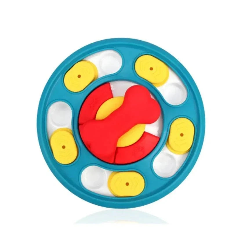 Interactive blue and yellow puppy puzzle toy slow feeder for IQ enhancement and healthy eating.