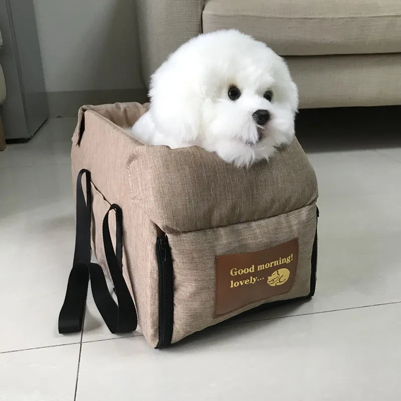 "Portable dog car seat bed with safety harness, designed for small dogs and cats"