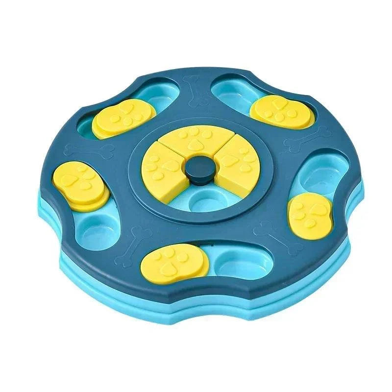 Puppy Puzzle Toy Slow Feeder, interactive food dispenser bowl in blue and yellow design.