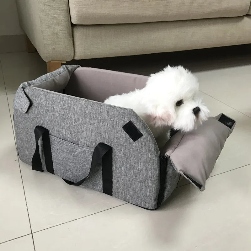 "Portable dog car seat bed with safety harness, designed for small dogs and cats"