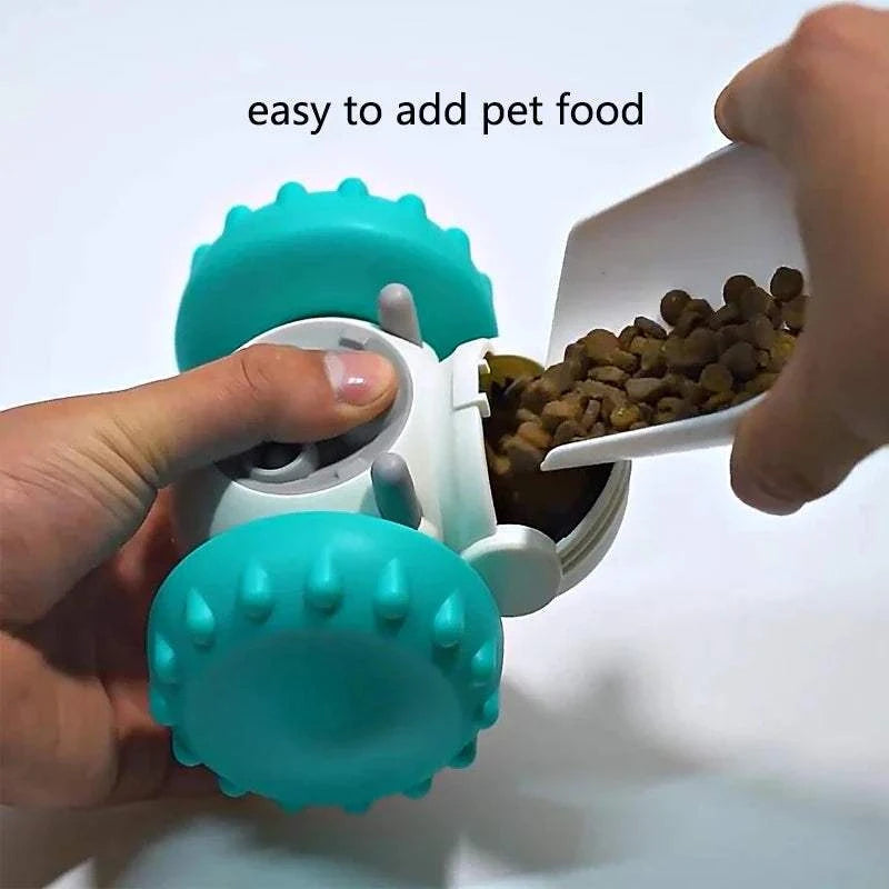 Interactive dog treat leaking puzzle toy with slow feeder dispenser, shown with easy-to-add food feature.