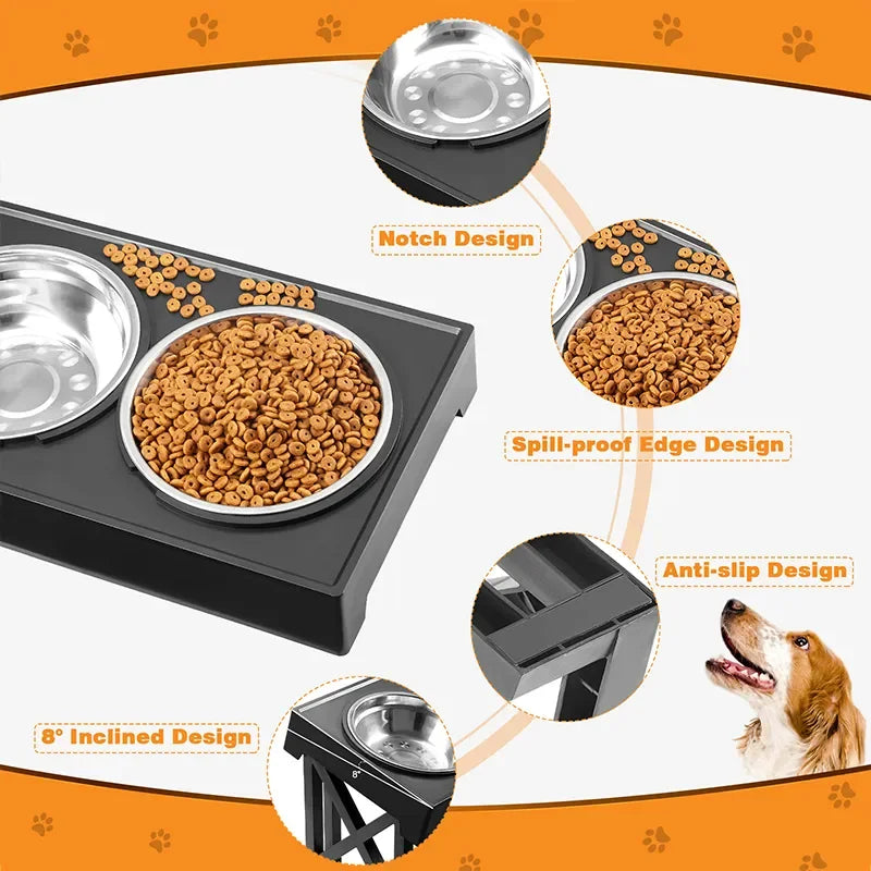 "Adjustable height dog elevated bowl stand with slow feeding dish"raised dog food bowl